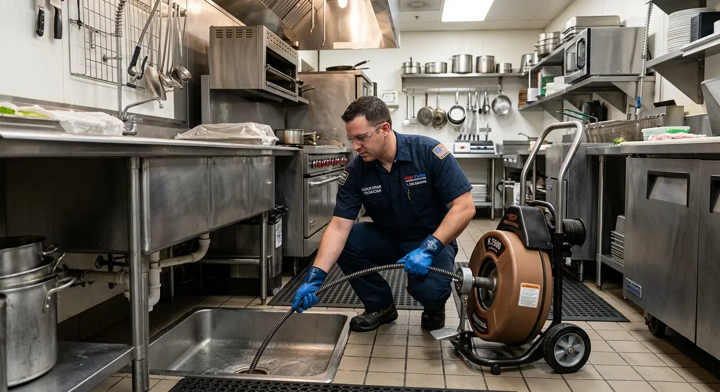 Commercial drain cleaning service in a restaurant kitchen in Magna