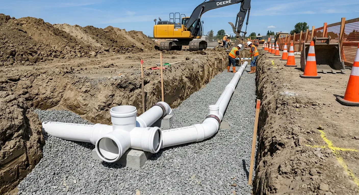 New PVC sewer pipe installation in open trench for Commercial Drain Cleaning in Magna