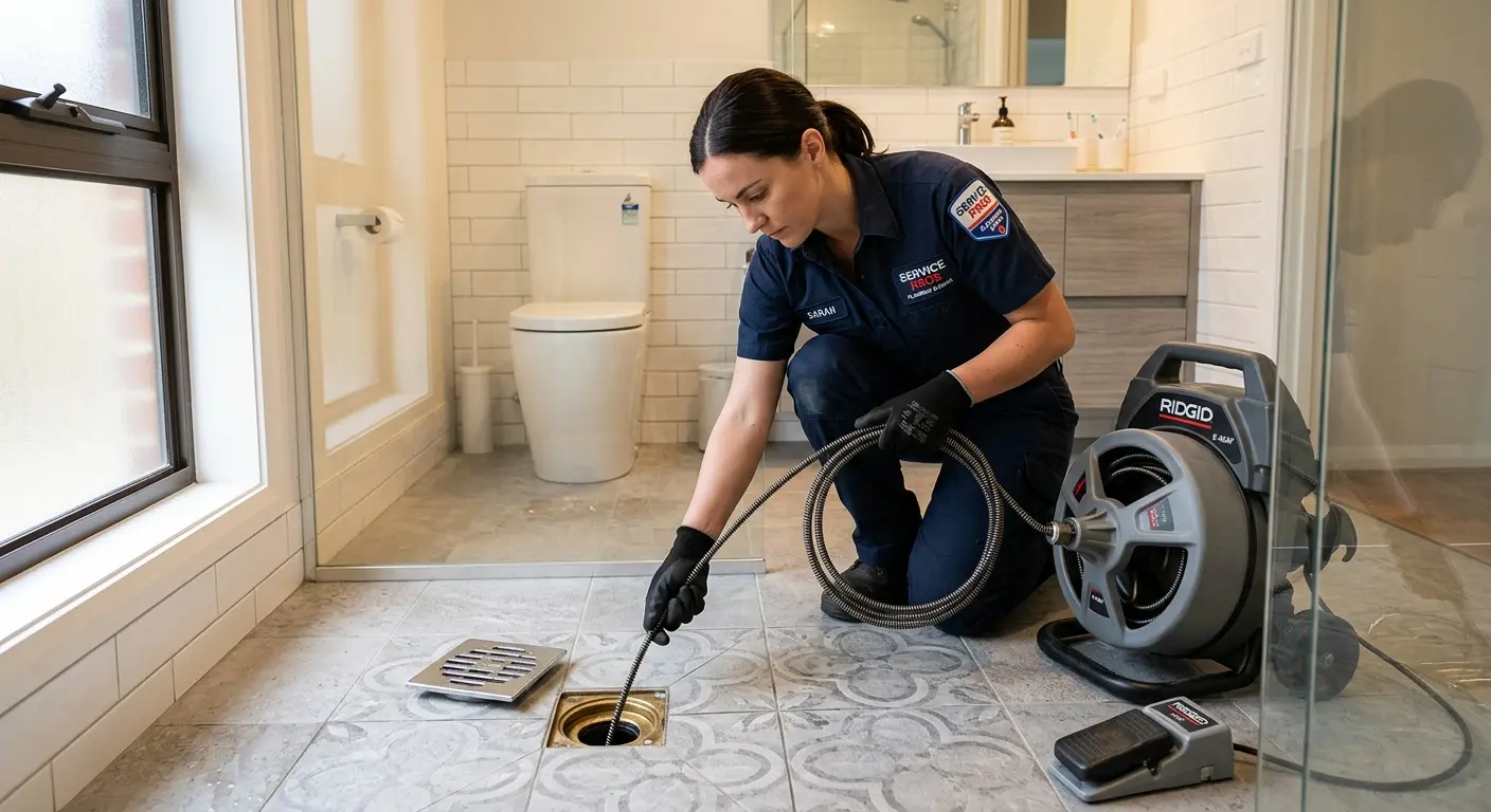 Technician clearing a bathroom floor drain for Drain Repair in Magna